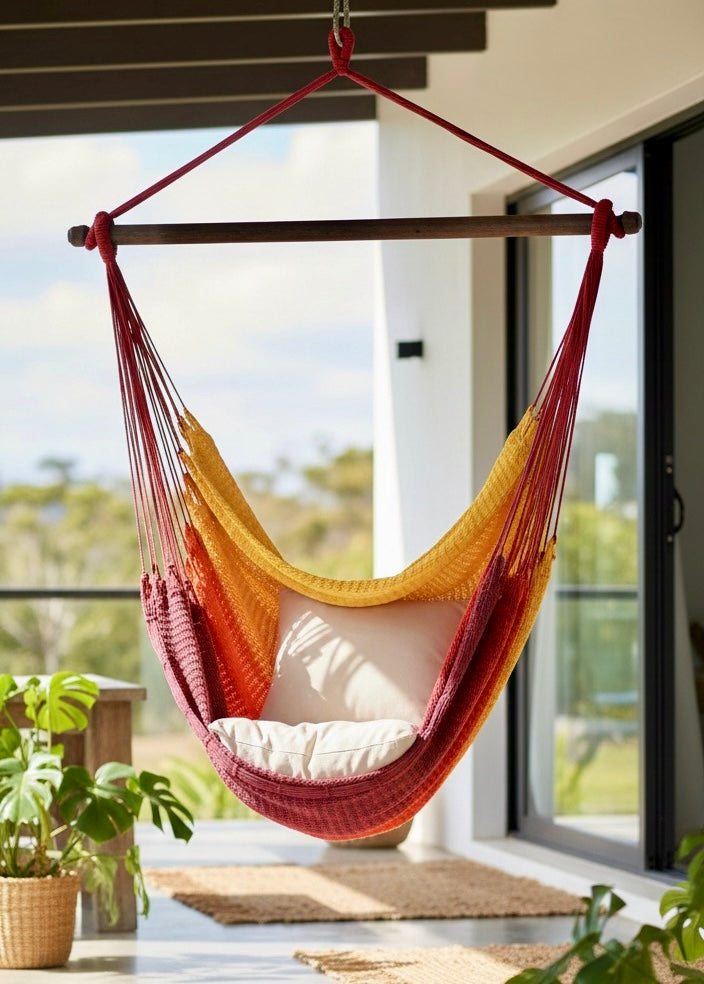 Campfire Hammock Chair – Handwoven Yellow-to-Burgundy Gradient Ombré Hanging Chair