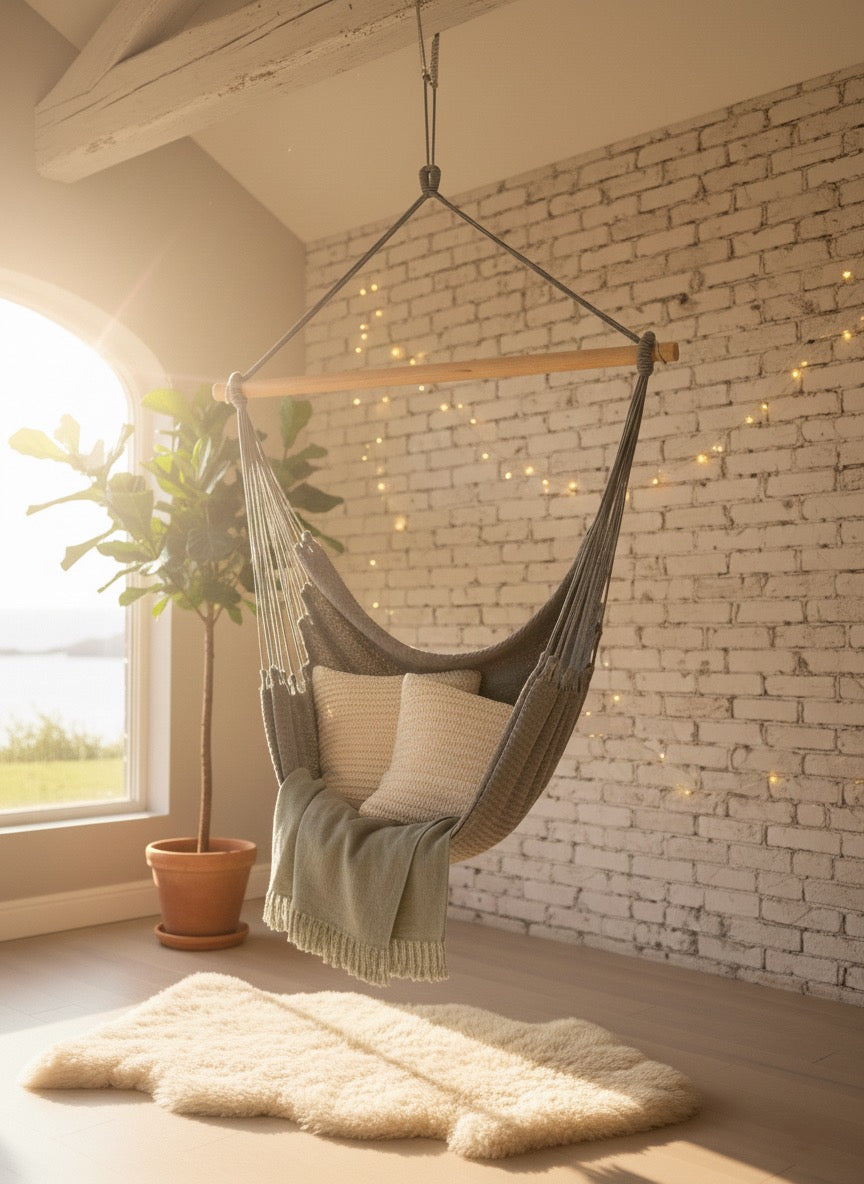 Ash Grey Hammock Chair – Handwoven Neutral Grey Solid Color Hanging Chair