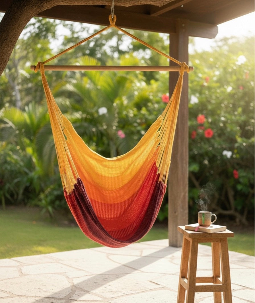 Campfire Hammock Chair – Handwoven Yellow-to-Burgundy Gradient Ombré Hanging Chair