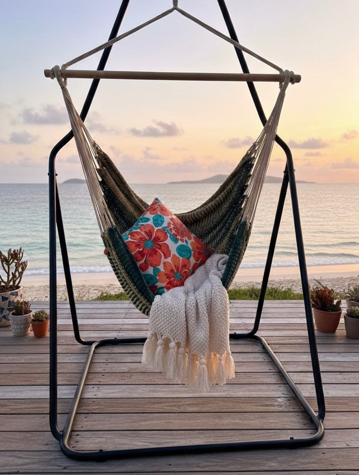 Alpine Hammock Chair – Handwoven Neutral & Deep Green Forest-Toned Hanging Chair