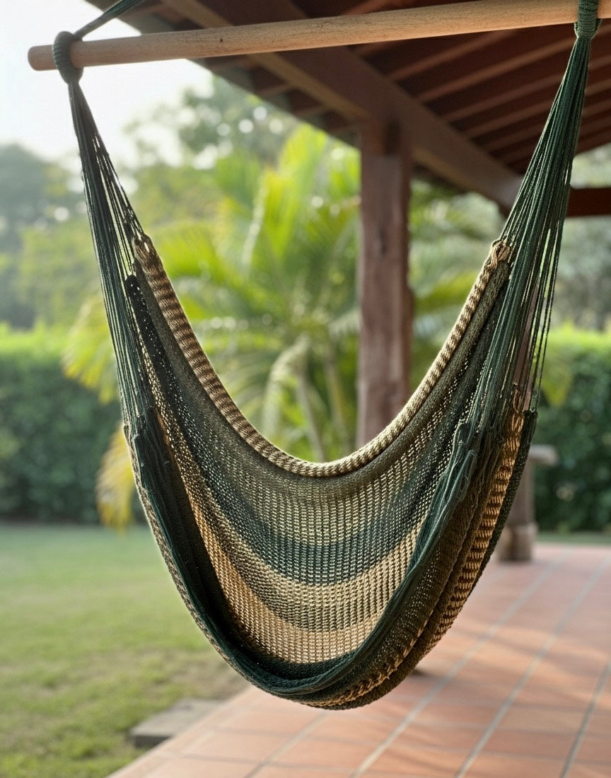 Alpine Hammock Chair – Handwoven Neutral & Deep Green Forest-Toned Hanging Chair