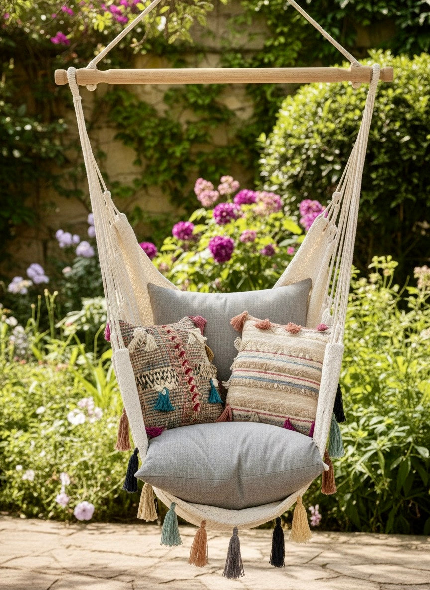 Confetti Waterproof Hammock Chair – Handwoven Indoor/Outdoor Hanging Chair with Rainbow Tassels