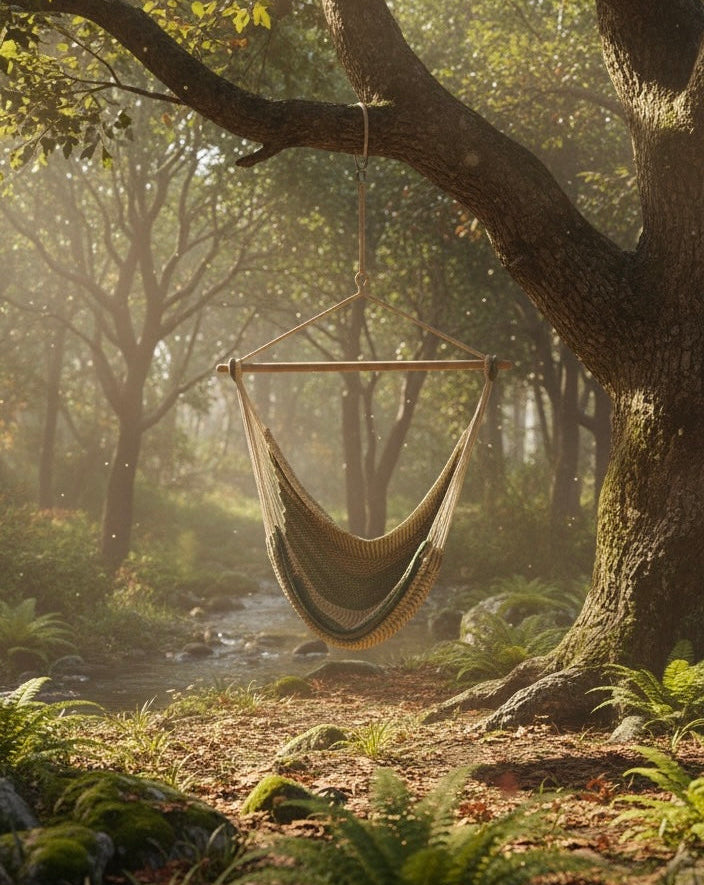Alpine Hammock Chair – Handwoven Neutral & Deep Green Forest-Toned Hanging Chair