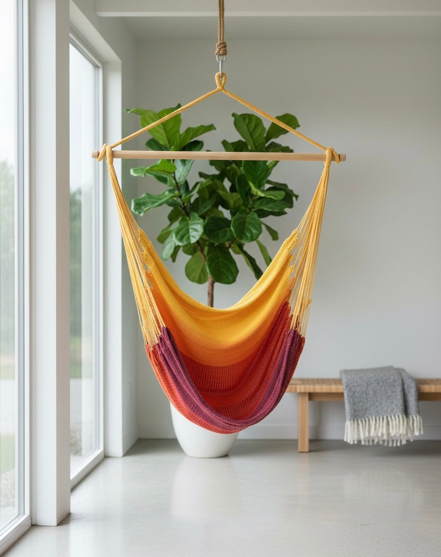 Campfire Hammock Chair – Handwoven Yellow-to-Burgundy Gradient Ombré Hanging Chair