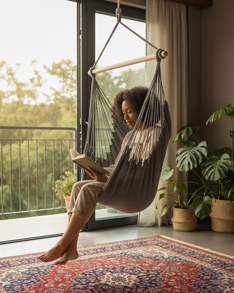 Ash Grey Hammock Chair – Handwoven Neutral Grey Solid Color Hanging Chair