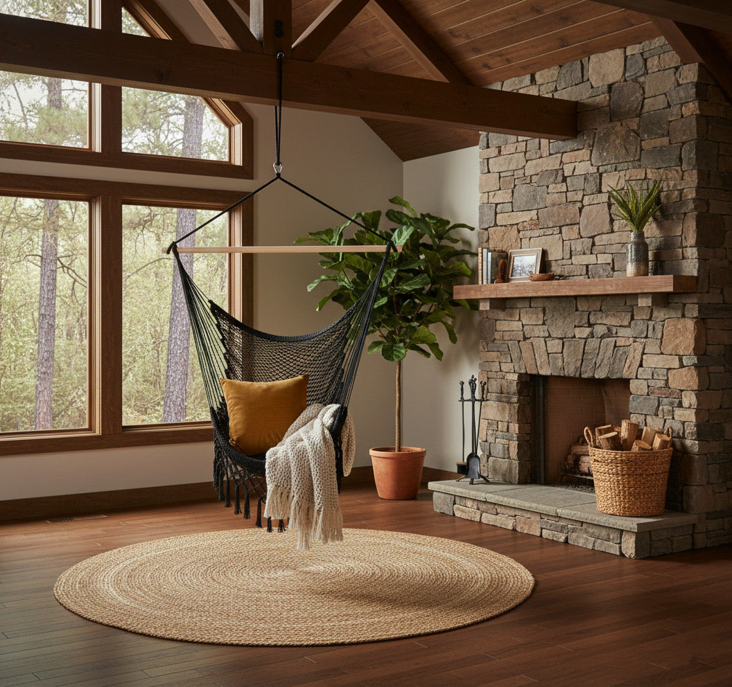 Midnight Hammock Chair — Waterproof Black Handwoven Hanging Chair with Tassels