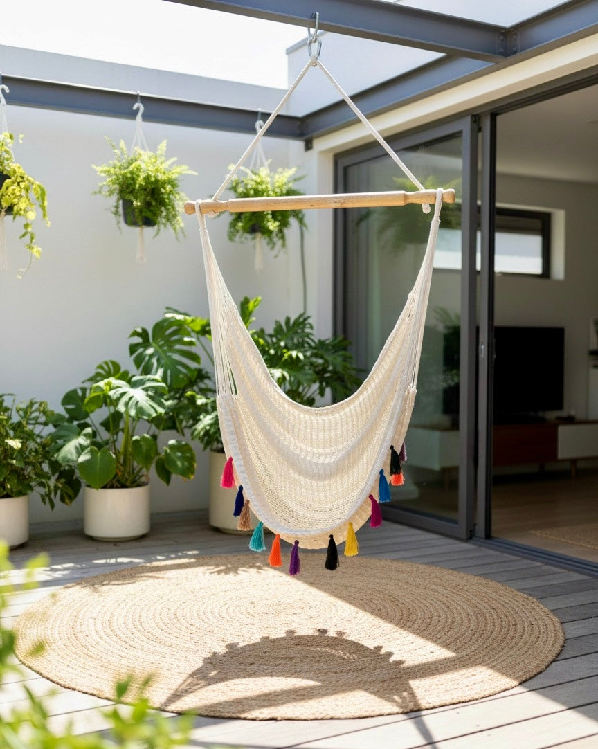 Confetti Waterproof Hammock Chair – Handwoven Indoor/Outdoor Hanging Chair with Rainbow Tassels