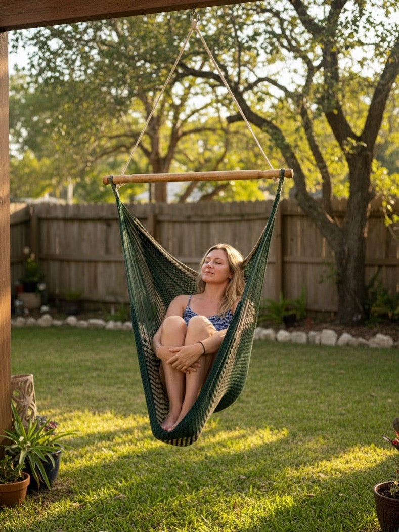 Alpine Hammock Chair – Handwoven Neutral & Deep Green Forest-Toned Hanging Chair