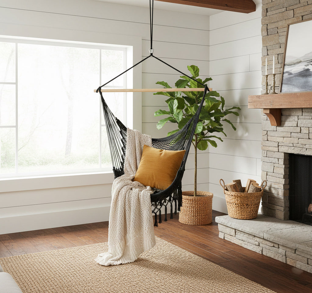 Midnight Hammock Chair — Waterproof Black Handwoven Hanging Chair with Tassels