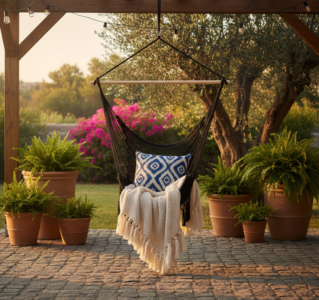 Midnight Hammock Chair — Waterproof Black Handwoven Hanging Chair with Tassels