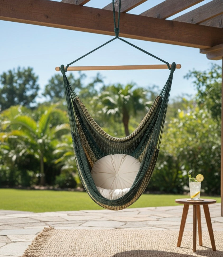 Alpine Hammock Chair – Handwoven Neutral & Deep Green Forest-Toned Hanging Chair