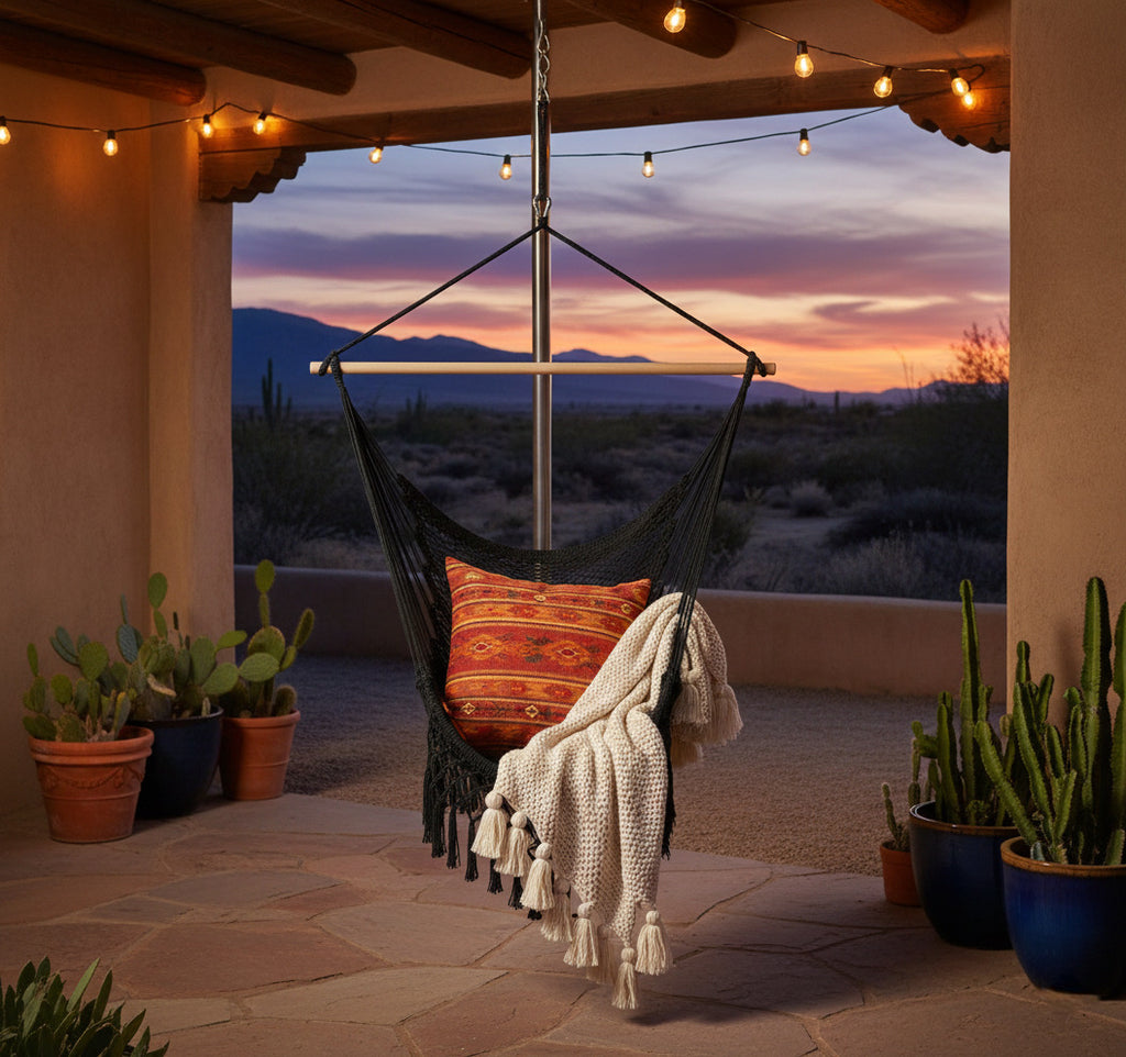 Midnight Hammock Chair — Waterproof Black Handwoven Hanging Chair with Tassels