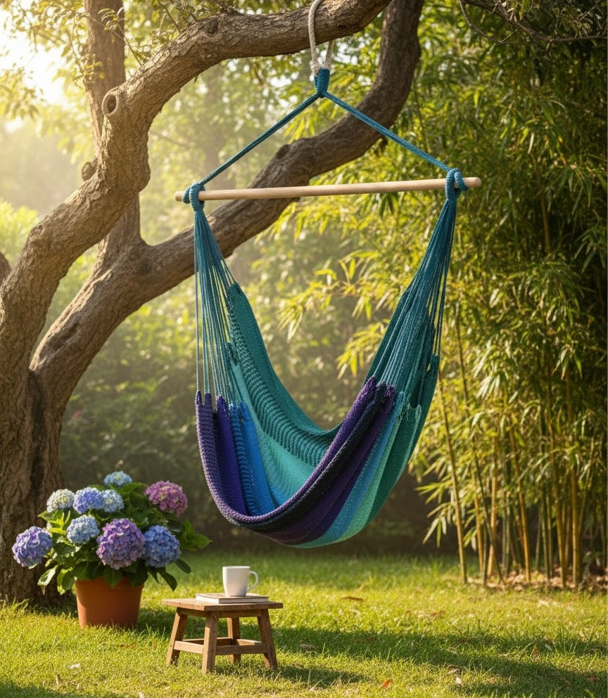 Aurora Hammock Chair – Handwoven Teal-to-Indigo Gradient Hanging Chair