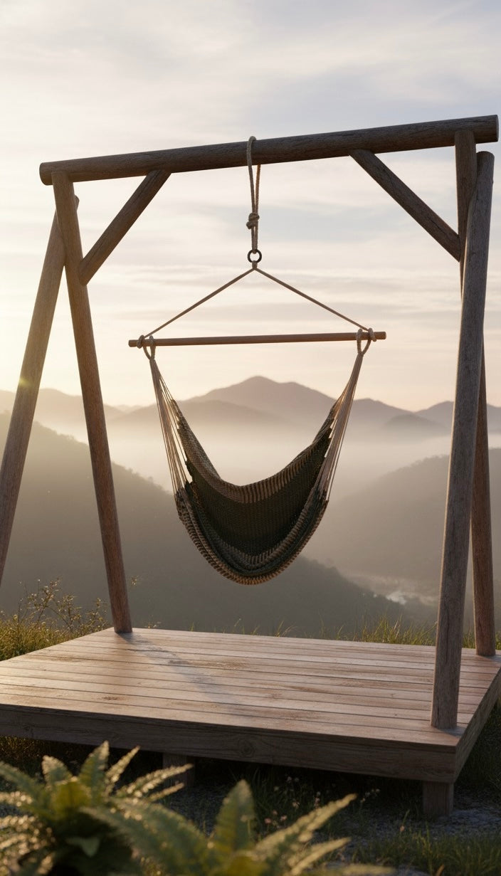 Alpine Hammock Chair – Handwoven Neutral & Deep Green Forest-Toned Hanging Chair