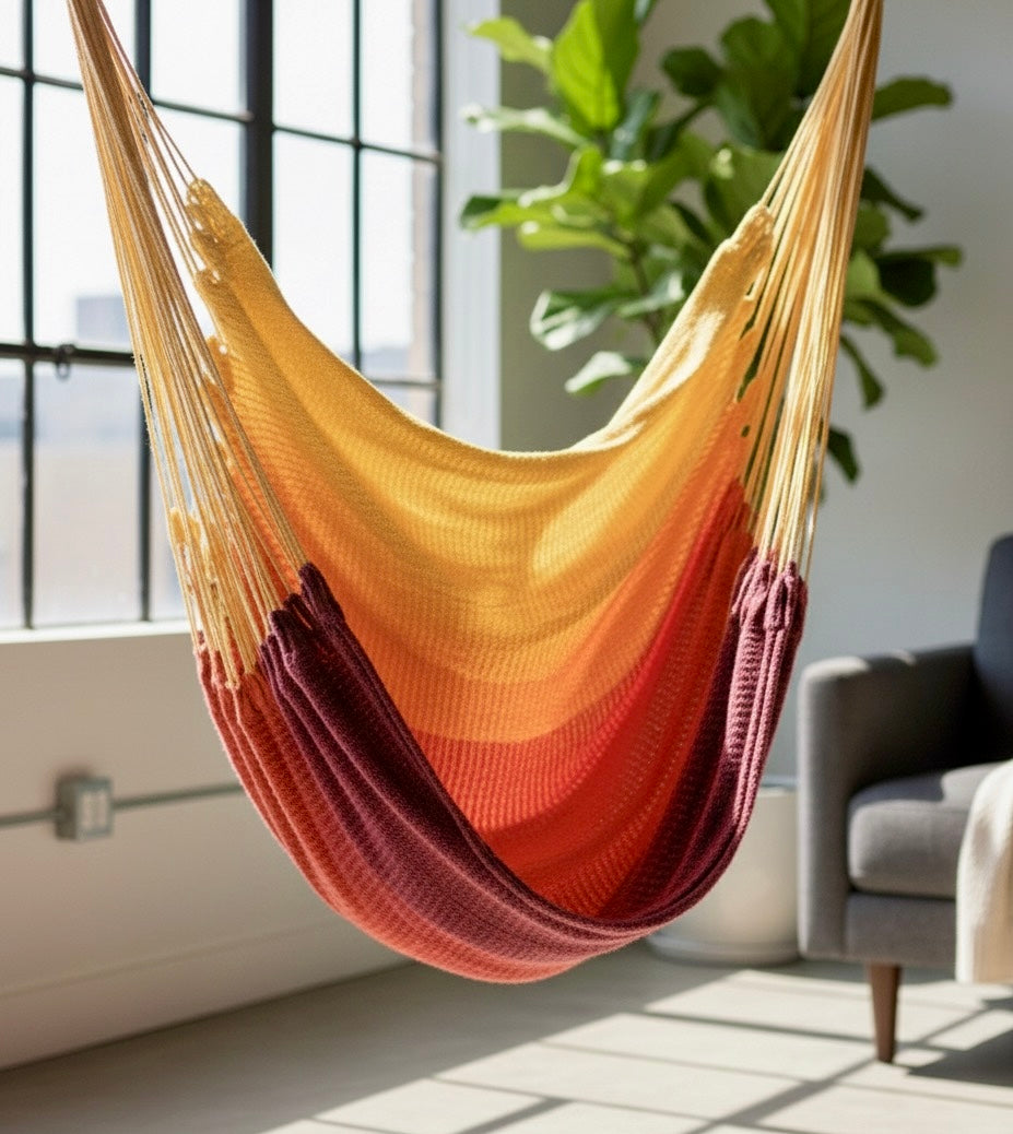 Campfire Hammock Chair – Handwoven Yellow-to-Burgundy Gradient Ombré Hanging Chair
