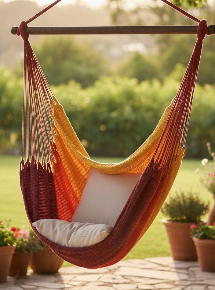 Campfire Hammock Chair – Handwoven Yellow-to-Burgundy Gradient Ombré Hanging Chair