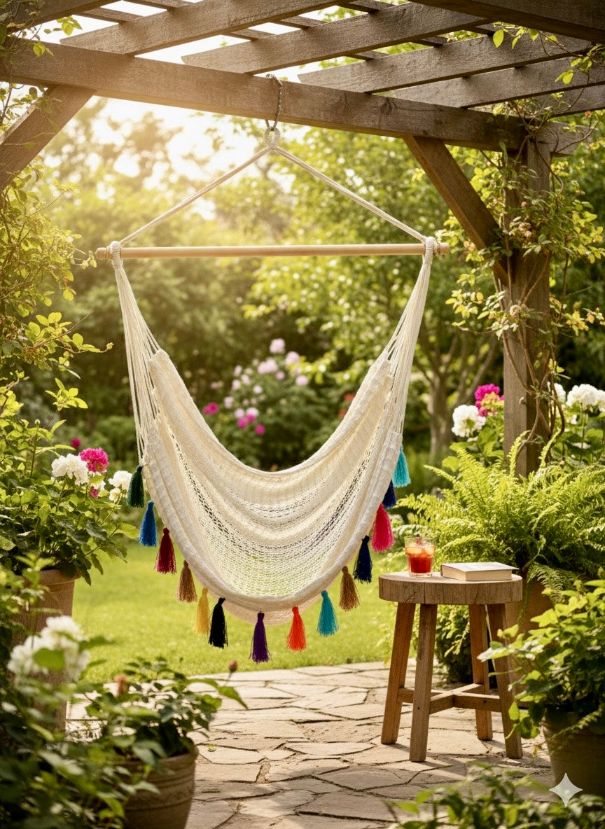 Confetti Waterproof Hammock Chair – Handwoven Indoor/Outdoor Hanging Chair with Rainbow Tassels