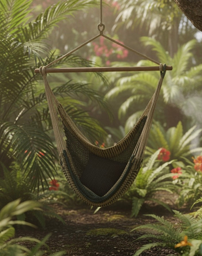 Alpine Hammock Chair – Handwoven Neutral & Deep Green Forest-Toned Hanging Chair