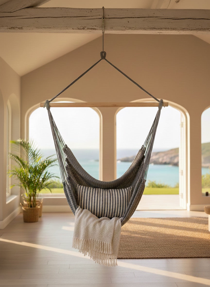 Ash Grey Hammock Chair – Handwoven Neutral Grey Solid Color Hanging Chair