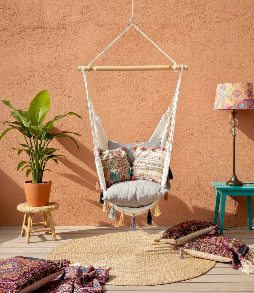 Confetti Waterproof Hammock Chair – Handwoven Indoor/Outdoor Hanging Chair with Rainbow Tassels