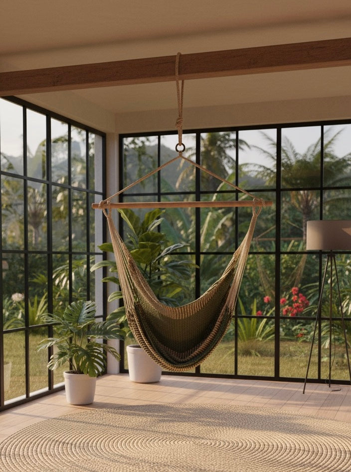Alpine Hammock Chair – Handwoven Neutral & Deep Green Forest-Toned Hanging Chair