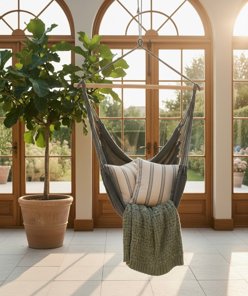 Ash Grey Hammock Chair – Handwoven Neutral Grey Solid Color Hanging Chair