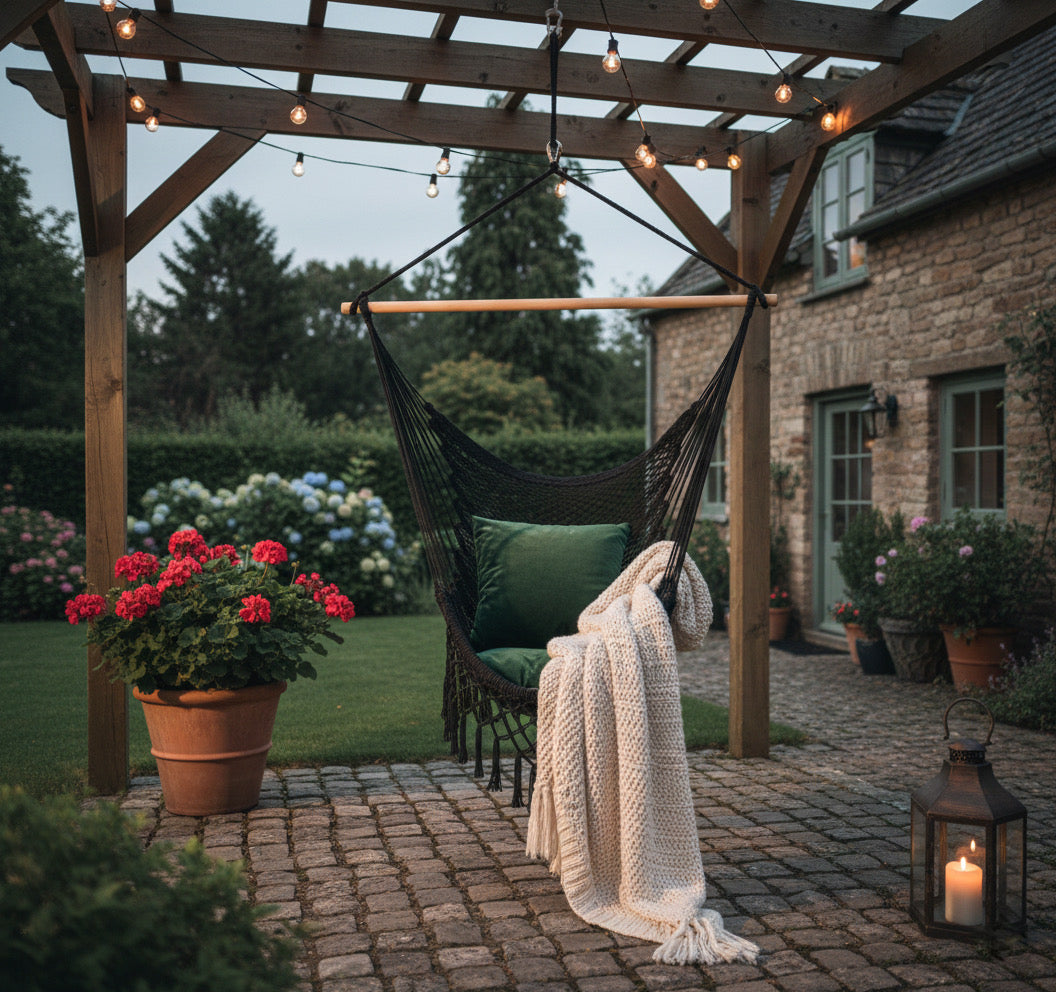 Midnight Hammock Chair — Waterproof Black Handwoven Hanging Chair with Tassels