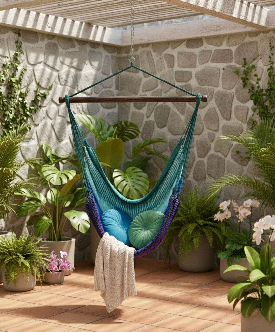 Aurora Hammock Chair – Handwoven Teal-to-Indigo Gradient Hanging Chair