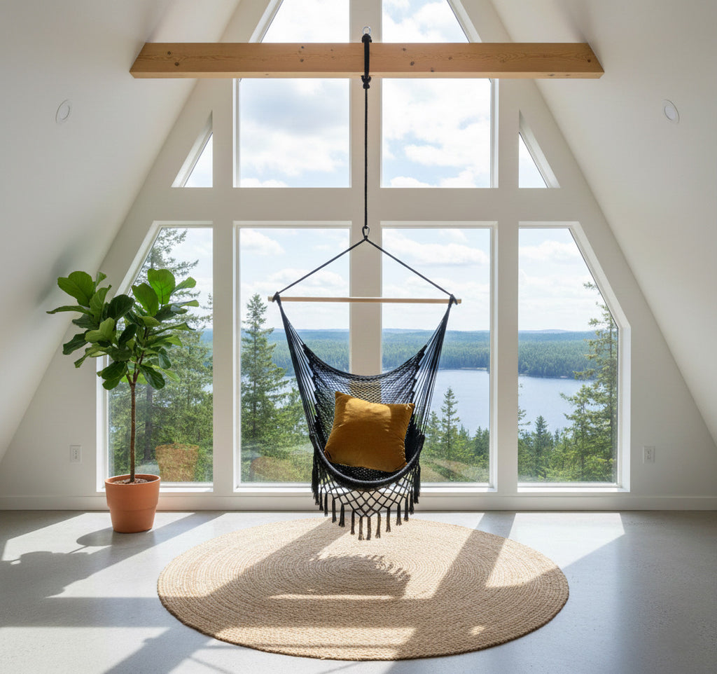 Midnight Hammock Chair — Waterproof Black Handwoven Hanging Chair with Tassels