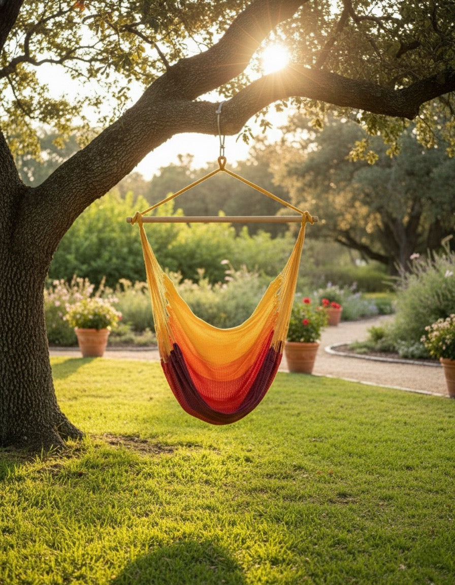 Campfire Hammock Chair – Handwoven Yellow-to-Burgundy Gradient Ombré Hanging Chair