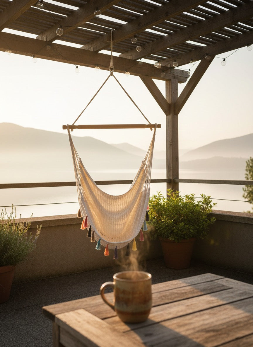Confetti Waterproof Hammock Chair – Handwoven Indoor/Outdoor Hanging Chair with Rainbow Tassels