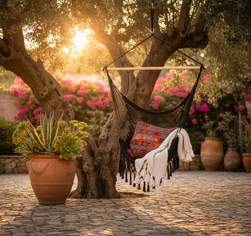 Midnight Hammock Chair — Waterproof Black Handwoven Hanging Chair with Tassels