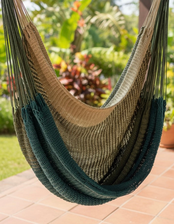 Alpine Hammock Chair – Handwoven Neutral & Deep Green Forest-Toned Hanging Chair