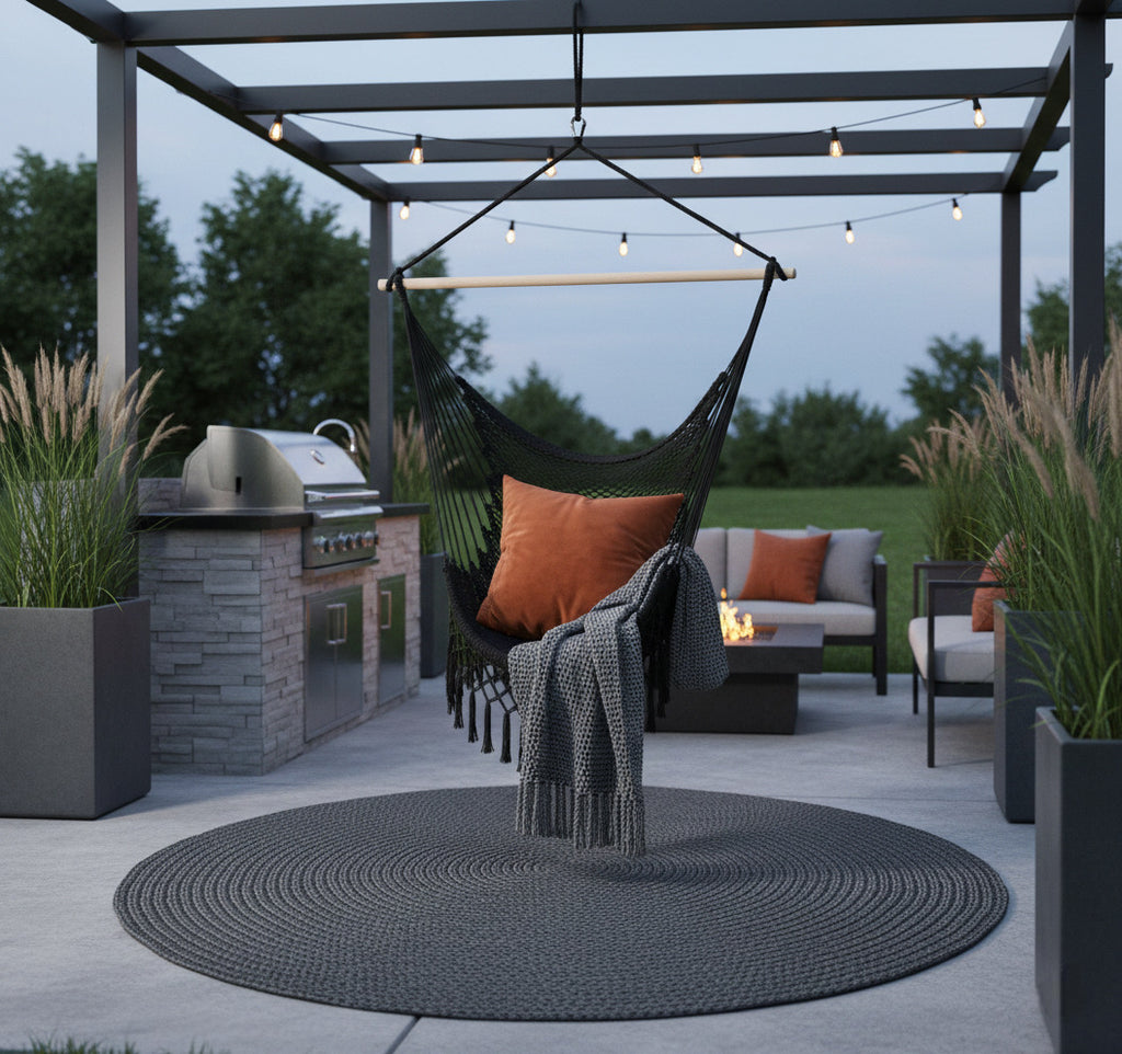 Midnight Hammock Chair — Waterproof Black Handwoven Hanging Chair with Tassels