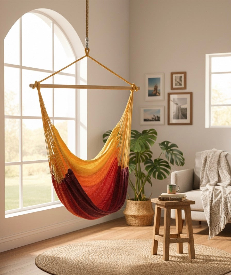 Campfire Hammock Chair – Handwoven Yellow-to-Burgundy Gradient Ombré Hanging Chair