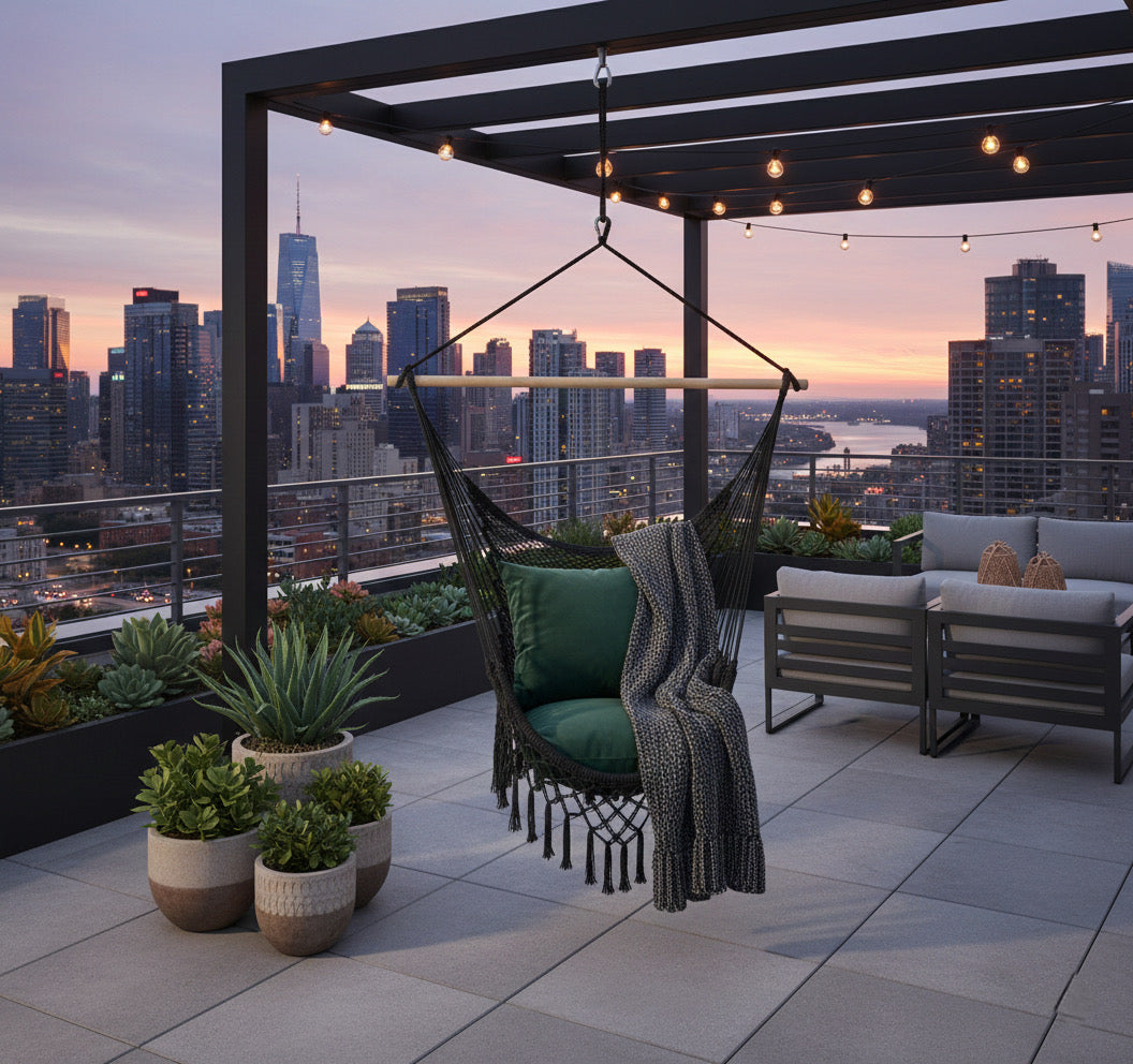 Midnight Hammock Chair — Waterproof Black Handwoven Hanging Chair with Tassels