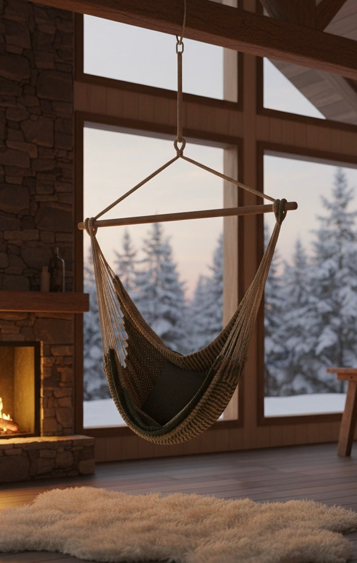 Alpine Hammock Chair – Handwoven Neutral & Deep Green Forest-Toned Hanging Chair
