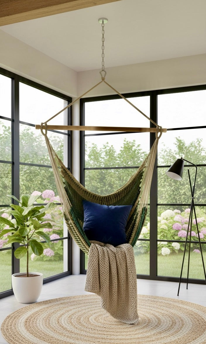 Alpine Hammock Chair – Handwoven Neutral & Deep Green Forest-Toned Hanging Chair
