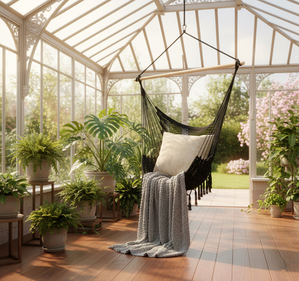 Midnight Hammock Chair — Waterproof Black Handwoven Hanging Chair with Tassels