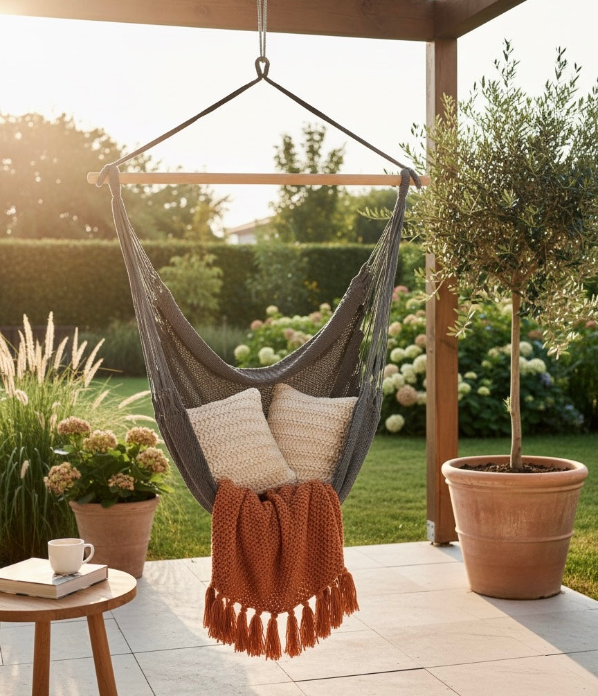 Ash Grey Hammock Chair – Handwoven Neutral Grey Solid Color Hanging Chair