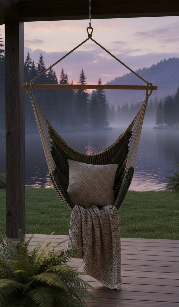 Alpine Hammock Chair – Handwoven Neutral & Deep Green Forest-Toned Hanging Chair