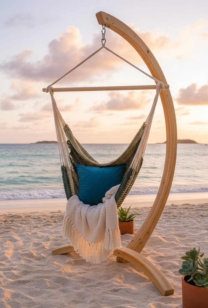 Alpine Hammock Chair – Handwoven Neutral & Deep Green Forest-Toned Hanging Chair
