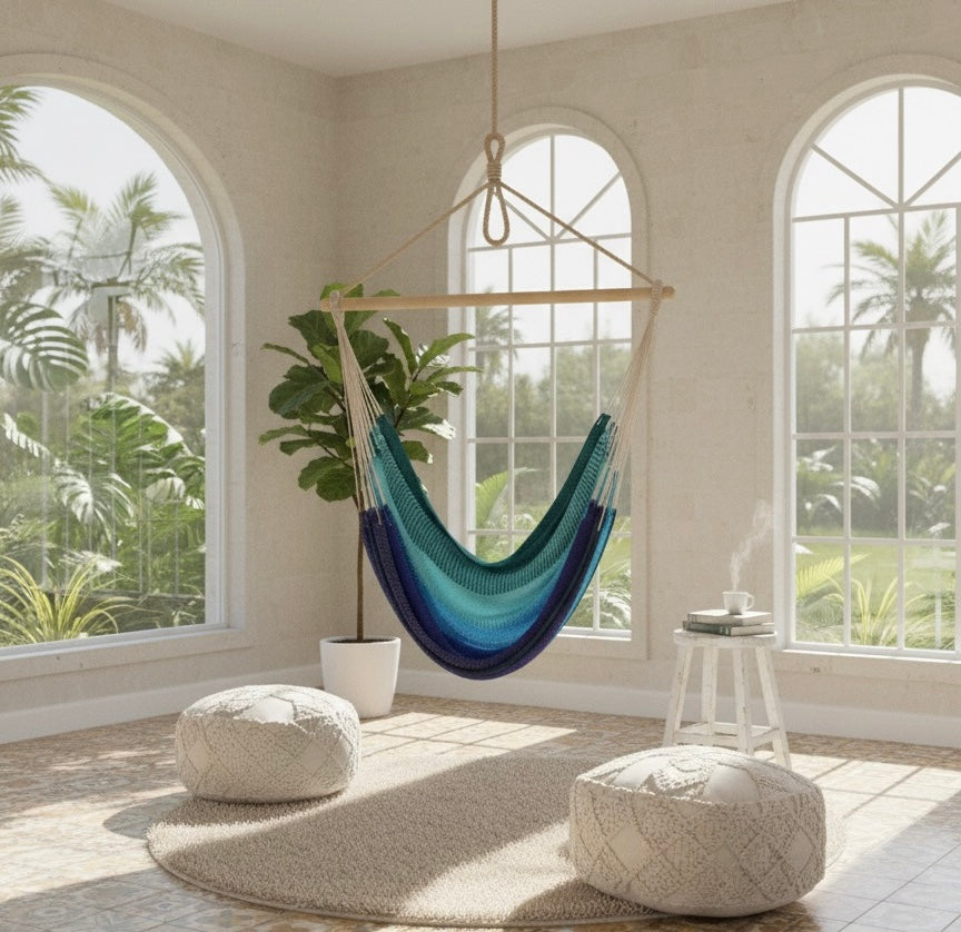 Aurora Hammock Chair – Handwoven Teal-to-Indigo Gradient Hanging Chair