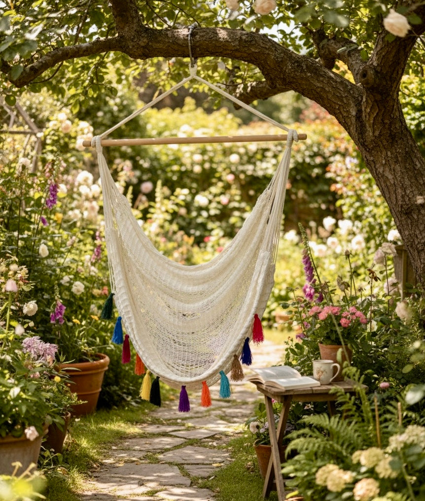 Confetti Waterproof Hammock Chair – Handwoven Indoor/Outdoor Hanging Chair with Rainbow Tassels