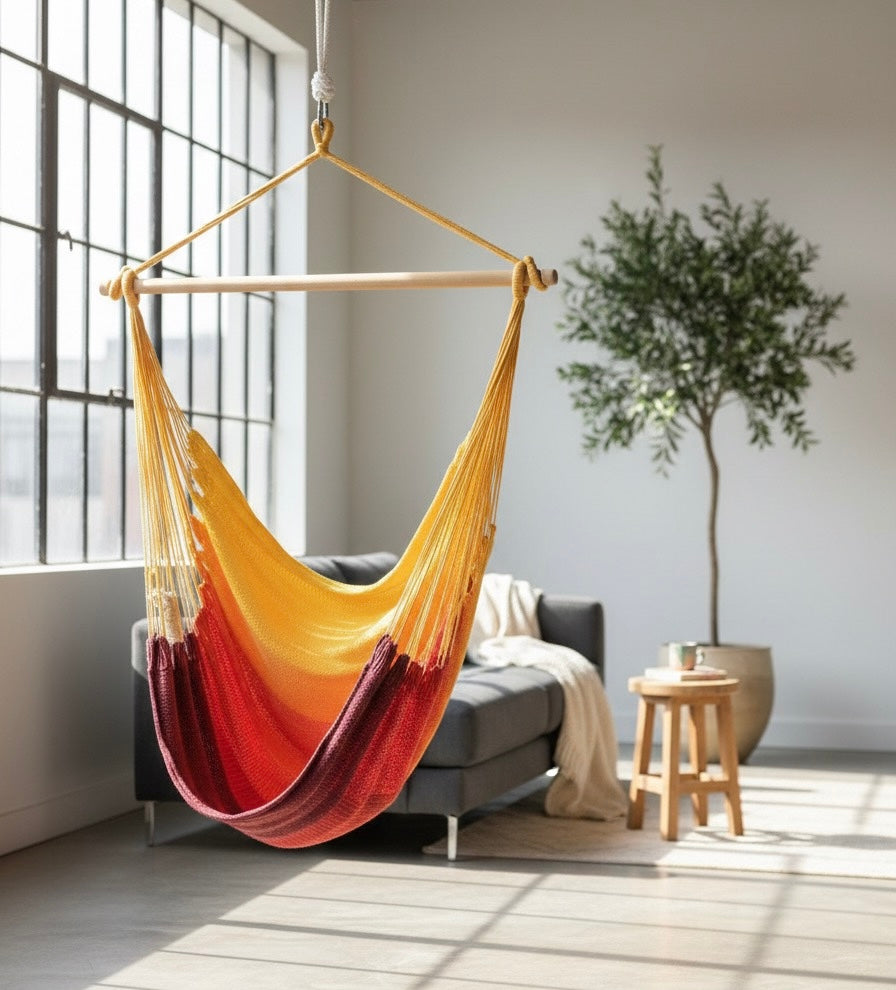 Campfire Hammock Chair – Handwoven Yellow-to-Burgundy Gradient Ombré Hanging Chair