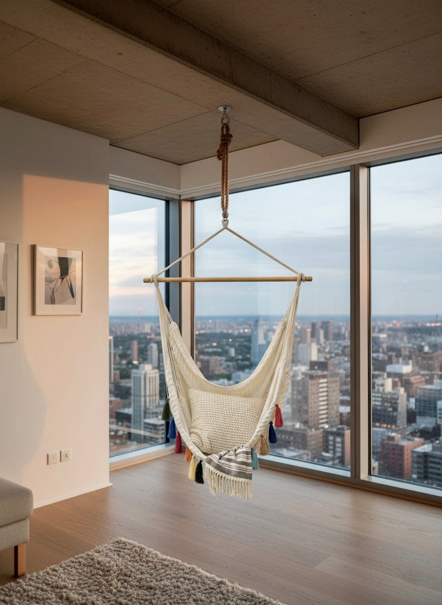 Confetti Waterproof Hammock Chair – Handwoven Indoor/Outdoor Hanging Chair with Rainbow Tassels