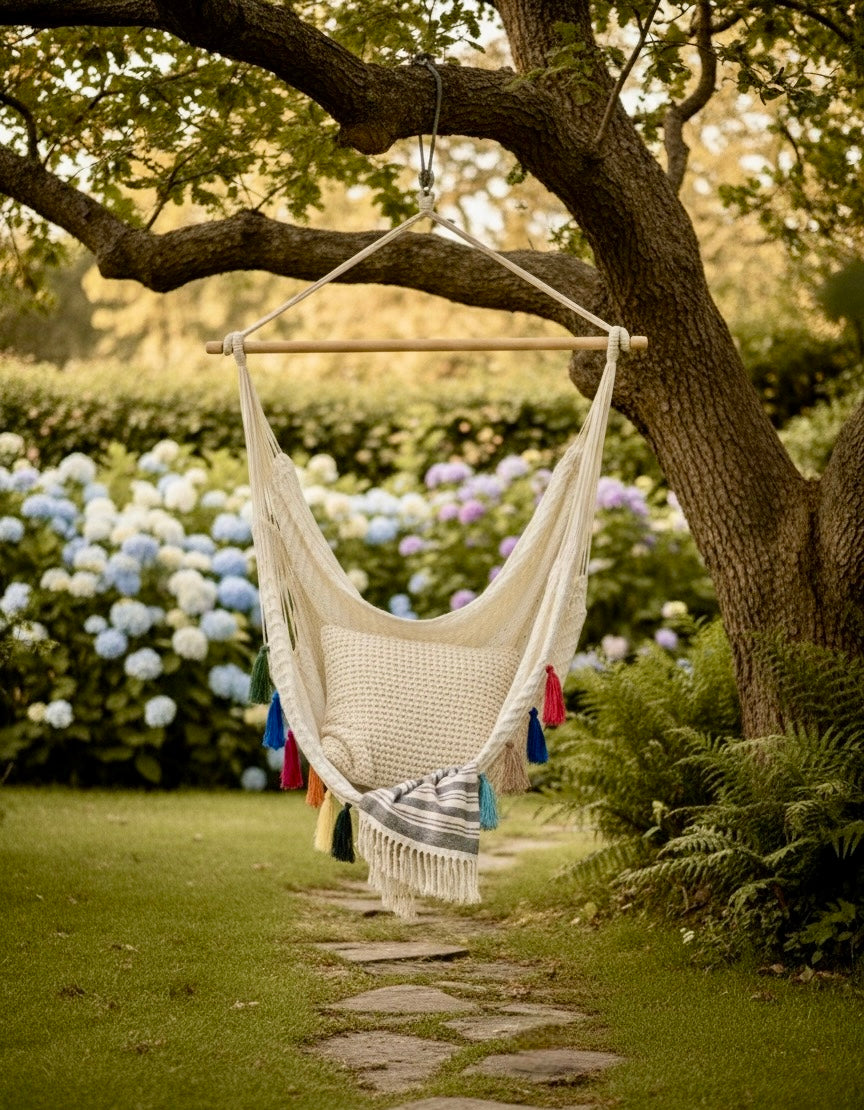 Confetti Waterproof Hammock Chair – Handwoven Indoor/Outdoor Hanging Chair with Rainbow Tassels
