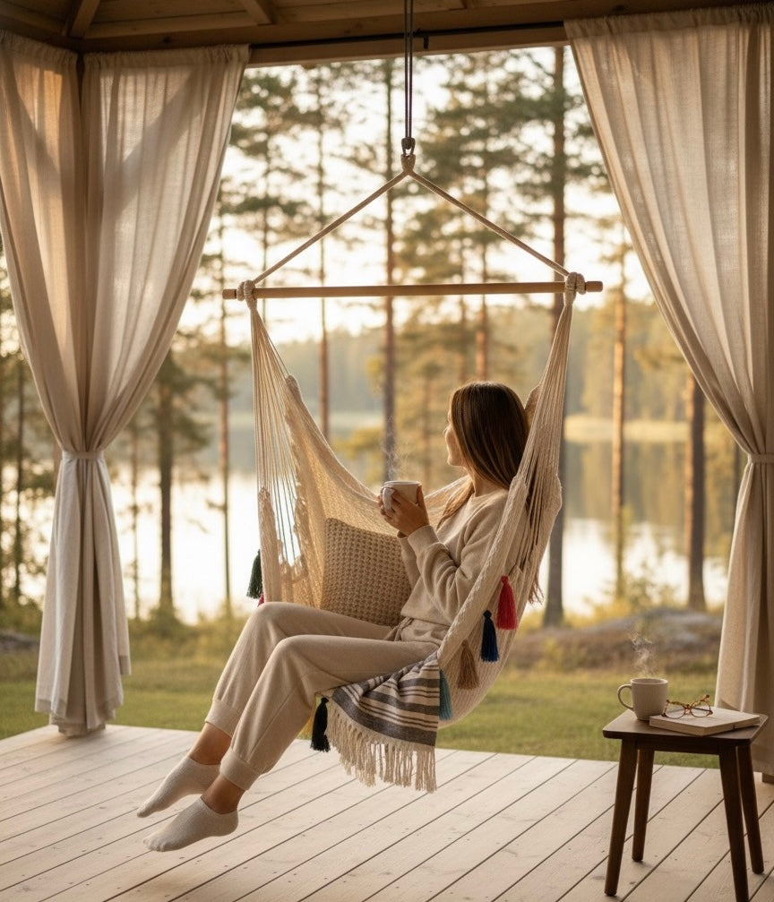 Confetti Waterproof Hammock Chair – Handwoven Indoor/Outdoor Hanging Chair with Rainbow Tassels