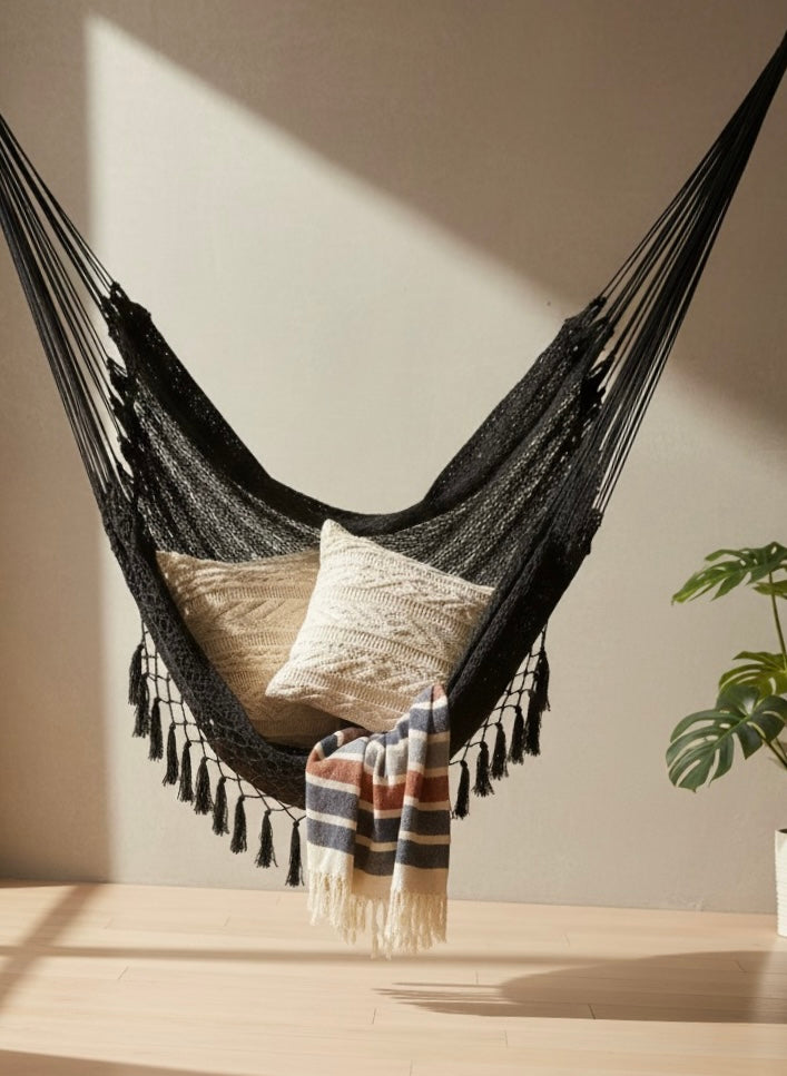 Midnight Hammock Chair — Waterproof Black Handwoven Hanging Chair with Tassels
