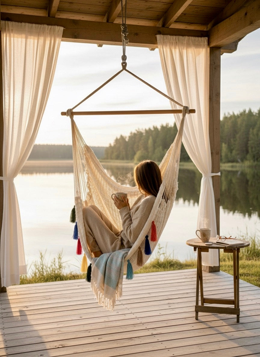 Confetti Waterproof Hammock Chair – Handwoven Indoor/Outdoor Hanging Chair with Rainbow Tassels